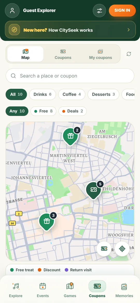 The CitySeek coupon map of Darmstadt with partner pins