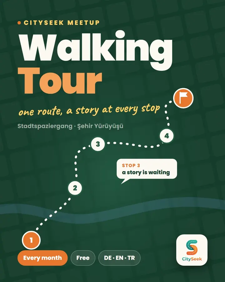 CitySeek monthly Walking Tour poster: every month, in German, English and Turkish